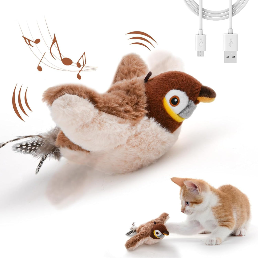 Flapping Bird Interactive Cat Toy, Chirping, Rechargeable,Touch Activated