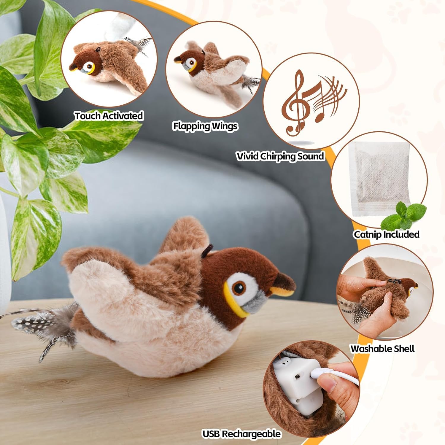 Flapping Bird Interactive Cat Toy, Chirping, Rechargeable,Touch Activated