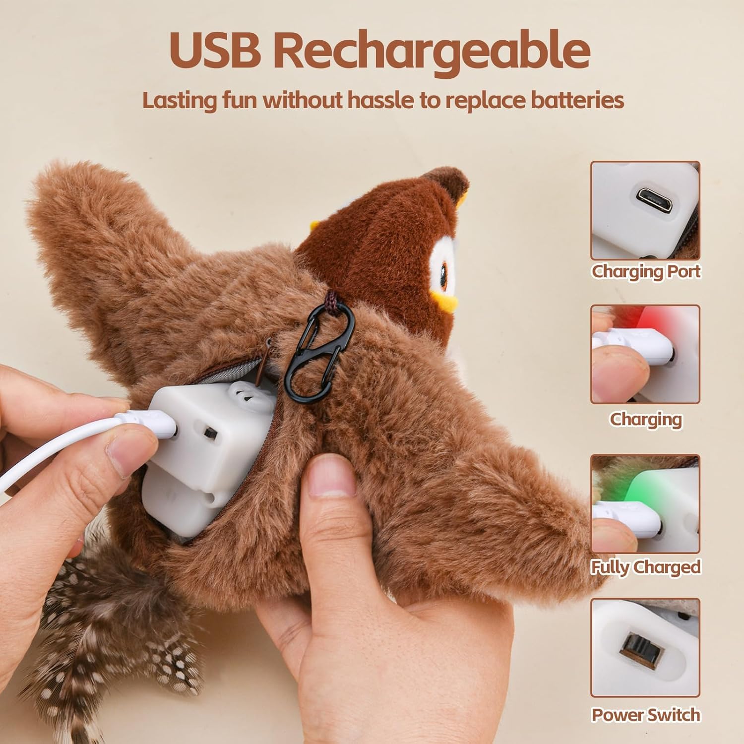 Flapping Bird Interactive Cat Toy, Chirping, Rechargeable,Touch Activated