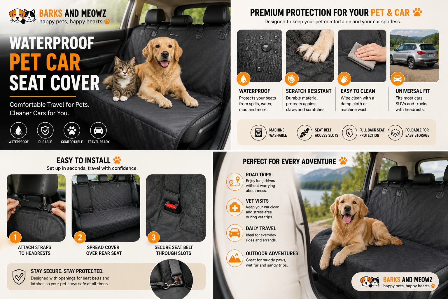Waterproof Pet Car Seat Cover – Universal Back Seat Protector for Dogs & Cats