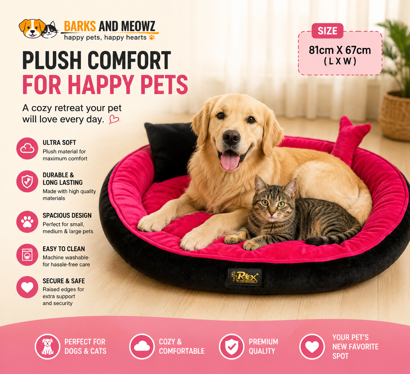 Luxury Plush Pet Bed with 2 Cushions - Ultra Soft Dog & Cat Sofa Bed (81 x 67 cm)
