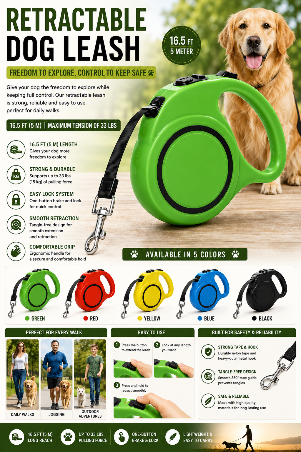 Retractable Dog/Cat Leash – 5 Meter (16.5 FT) Automatic Extendable Lead