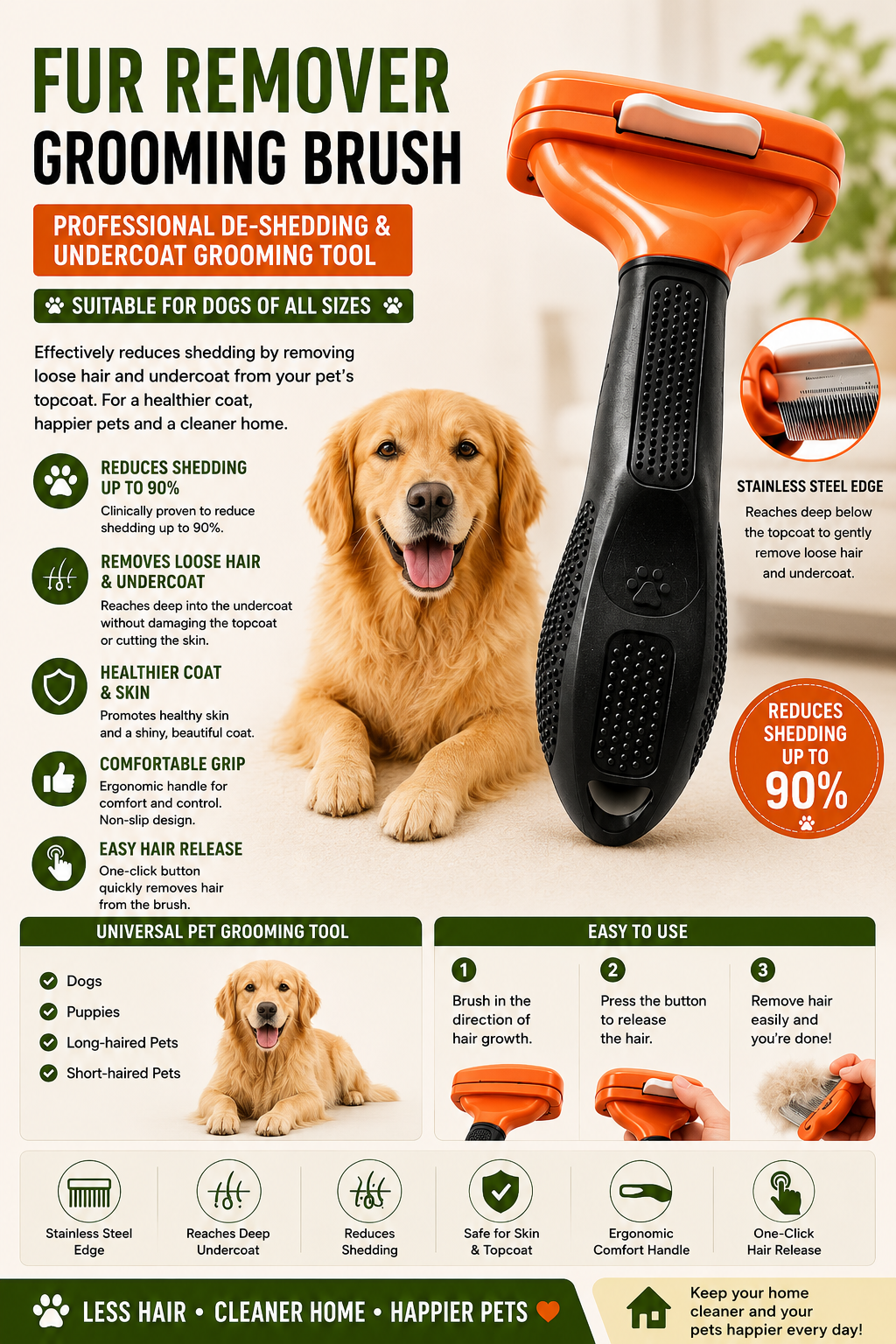 Professional Fur Remover Grooming Brush for Dogs - Size M