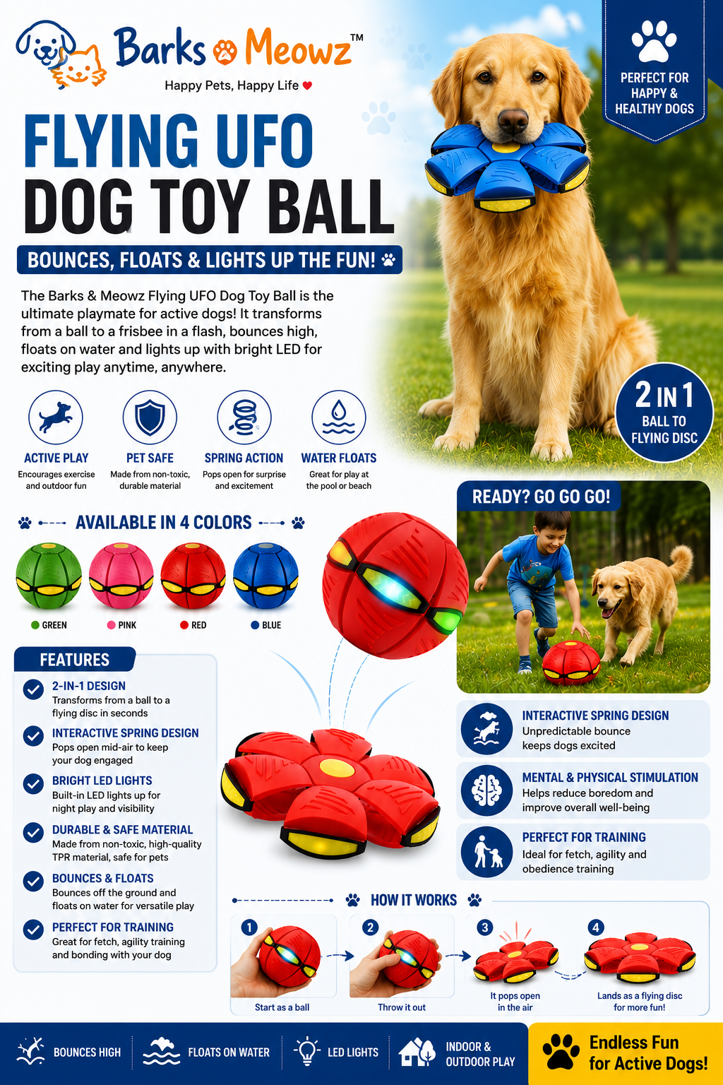 Flying UFO Dog Toy Ball - Interactive LED Bounce & Flying Disc Toy