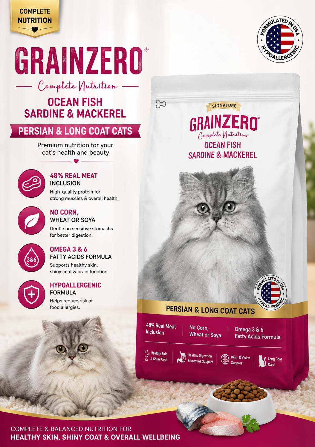 Grain Zero Ocean Fish Sardine & Mackerel Cat Food for Persian & Long Coat Cats