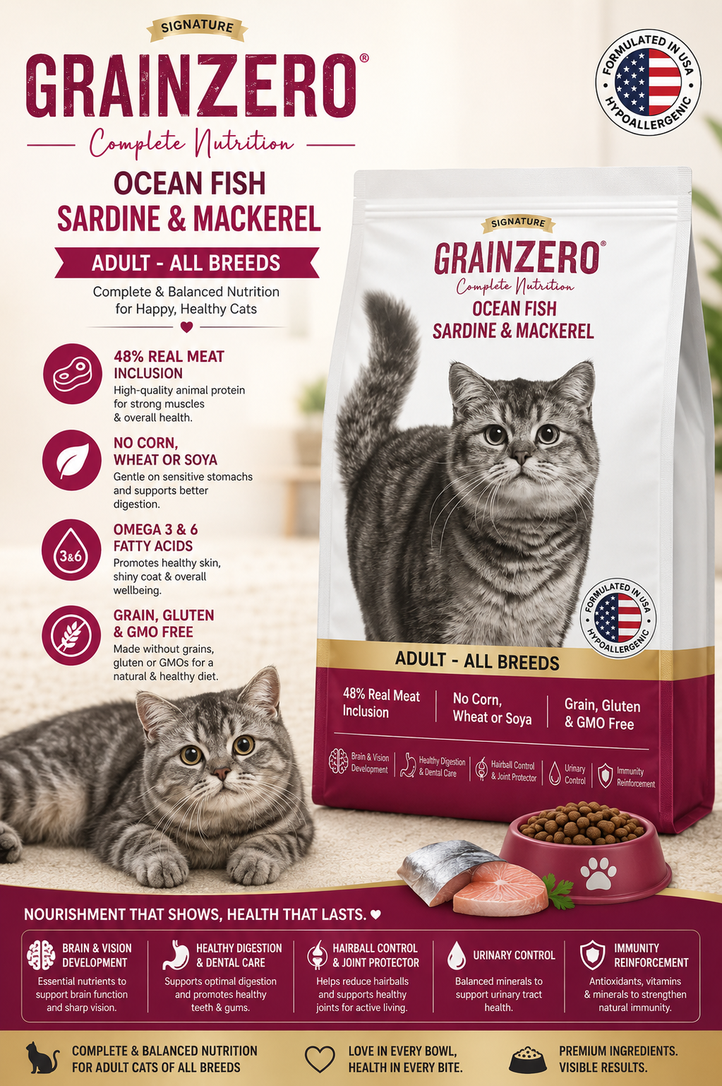 Grain Zero Ocean Fish Sardine & Mackerel Adult Cat Food - Complete Nutrition for All Breeds